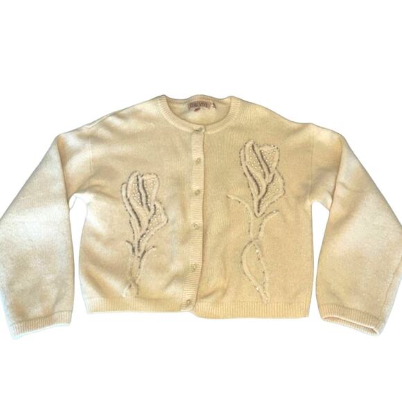 Vintage L'Eau Vive Cream Embellished Cardigan Sweater size Small - Picture 1 of 10